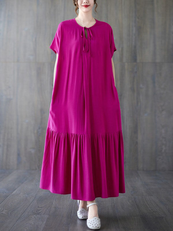 Lace-Up Pleated Solid Color Split-Joint Loose Short Sleeves Round-Neck Midi Dresses