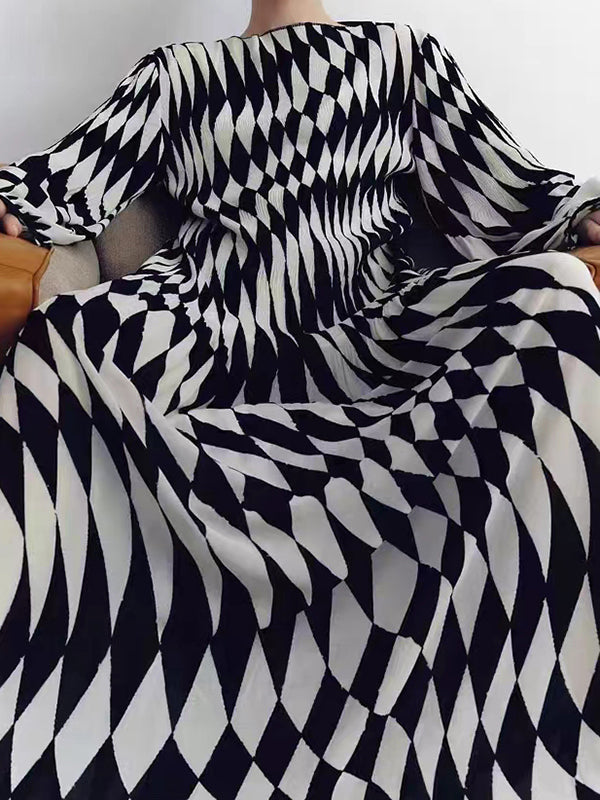 Long Sleeves Loose Diamond-Patterned Round-neck Maxi Dresses