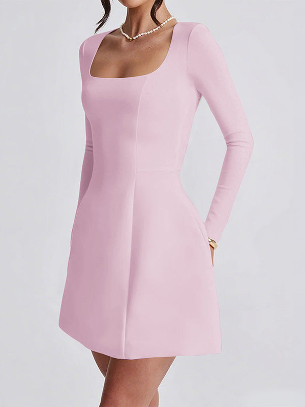 Solid Color Zipper A-Line Bodycon Square-Neck Mini Dresses