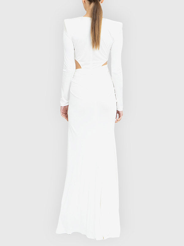 Asymmetric Hollow Pleated Rhine Stones Shoulder Pad Split-Side Long Sleeves Skinny V-Neck Maxi Dresses