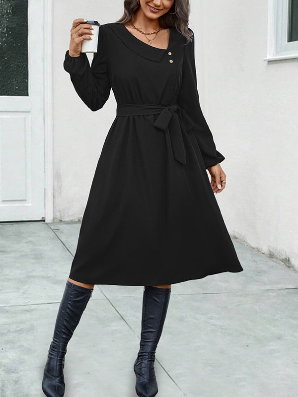 Buttoned Solid Color Tied Waist A-Line Long Sleeves Asymmetric Collar Midi Dresses