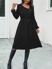 Buttoned Solid Color Tied Waist A-Line Long Sleeves Asymmetric Collar Midi Dresses