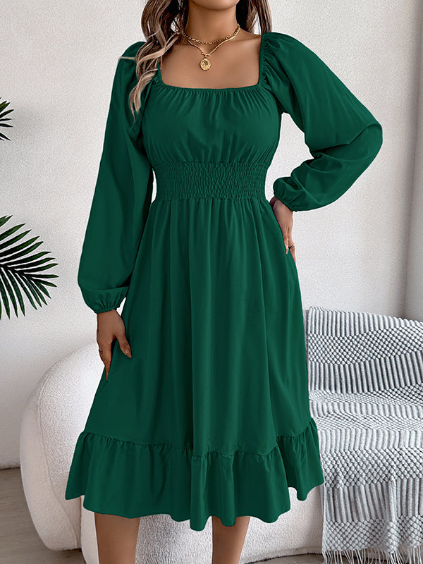 Pleated Ruffled Solid Color A-Line Elasticated Waist Square-Neck Midi Dresses