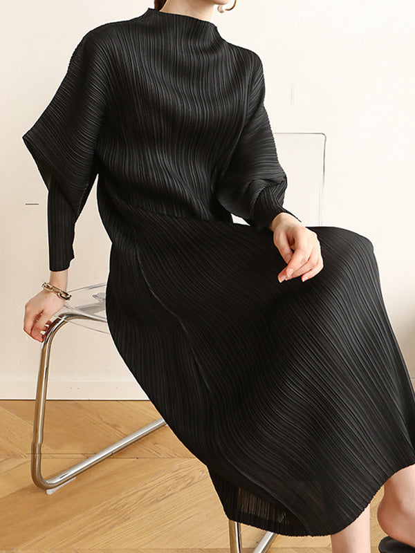 Original Creation Loose Long Sleeves Pleated Solid Color High-Neck Midi Dresses