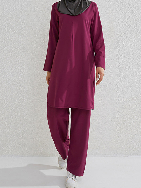 Round-Neck Long Sleeves Pockets Solid Color Split-Side Shirts Top + Pants Bottom Two Pieces Set