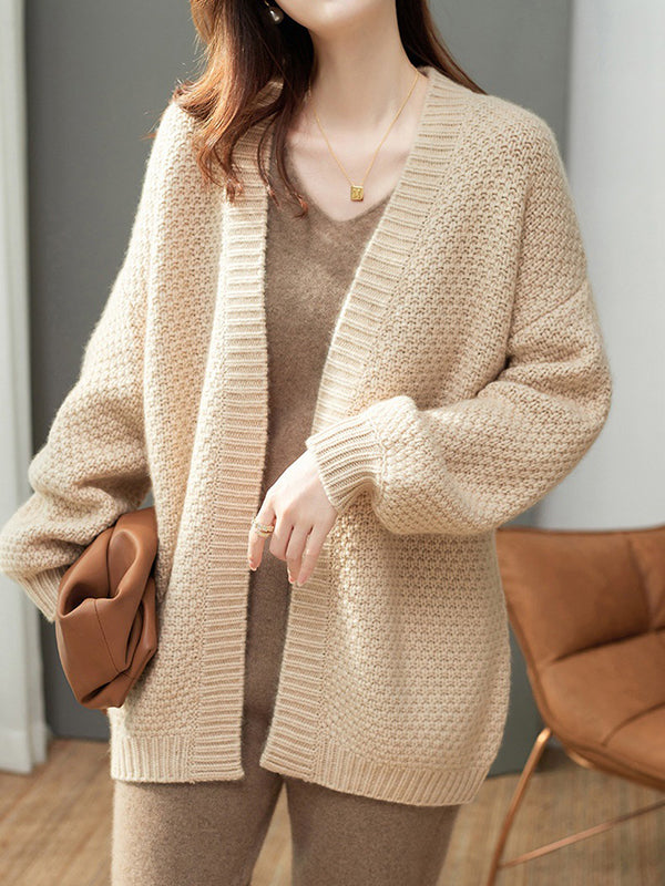 Solid Color Long Sleeves Loose Collarless Cardigan Tops