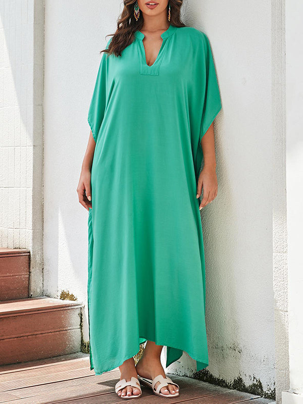 Solid Color Split-Side Sun Protection Batwing Sleeves Half Sleeves V-Neck Maxi Dresses Beach Cover-Up