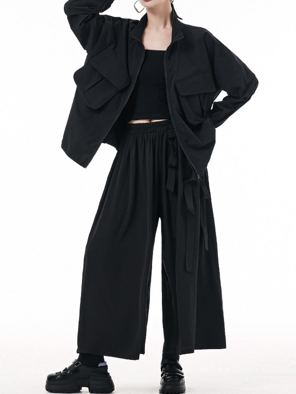 Elasticity Pockets Solid Color Zipper Long Sleeves Loose Outerwear Jackets