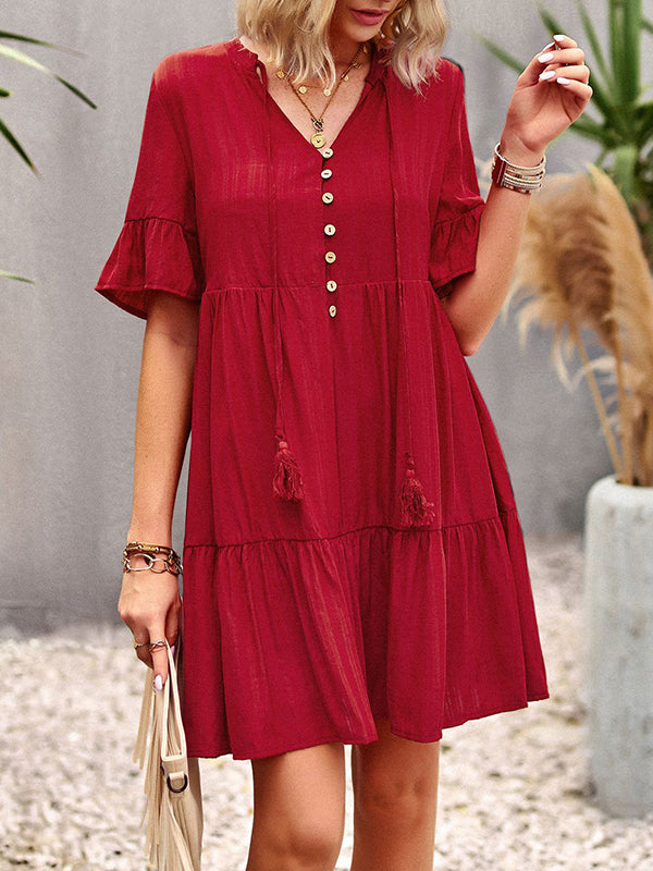 Falbala Loose V-Neck Mini Dresses