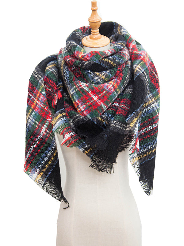 Fringed Keep Warm Plaid Triangle Shawl&Scarf