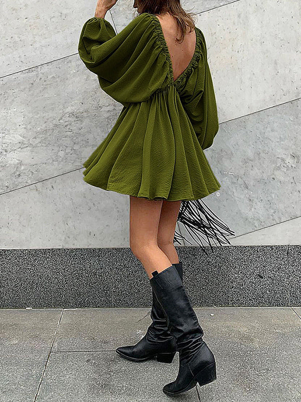 Elasticity Solid Color V-back Long Sleeves Loose Deep V-Neck Mini Dresses