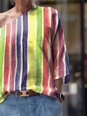Long Sleeves Loose Contrast Color Striped One-Shoulder T-Shirts Tops