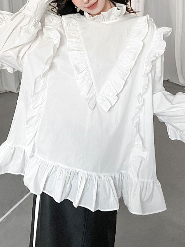 Buttoned Ruffled Solid Color Long Sleeves Loose Stand Collar Blouses&Shirts Tops