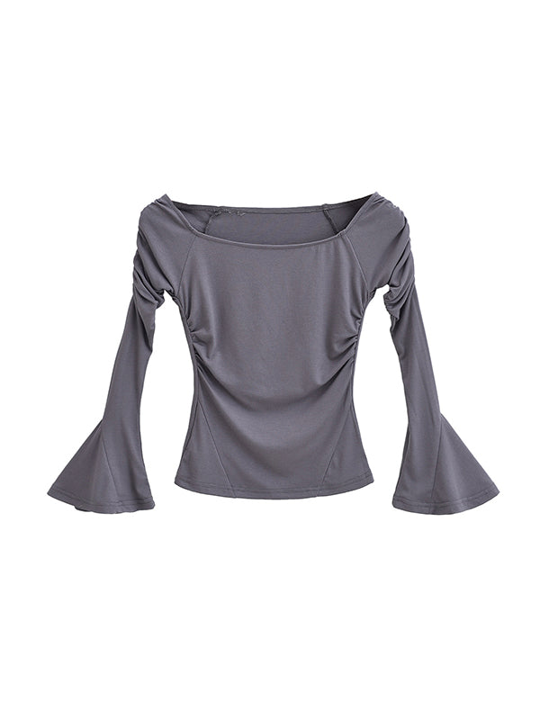 Pleated Solid Color Flared Sleeves Long Sleeves Boat Neck T-Shirts Tops
