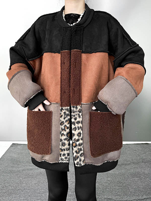 Buttoned Contrast Color Reversible Split-Joint Long Sleeves Loose Round-Neck Outerwear Cardigan Tops