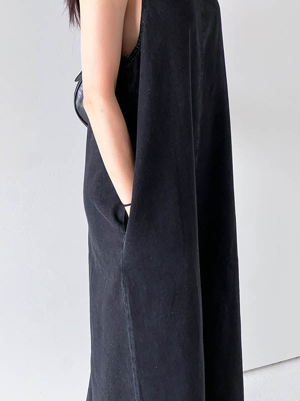 Pockets Solid Color Tied A-Line Loose Round-Neck Maxi Dresses