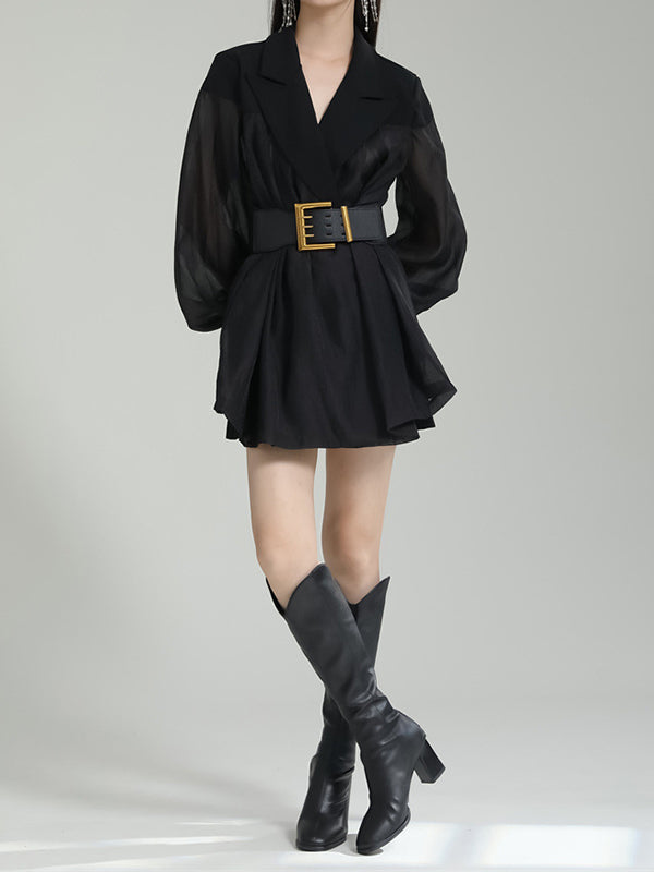 Belted See-Through Puff Sleeves Loose Lapel Blouses&shirts Tops
