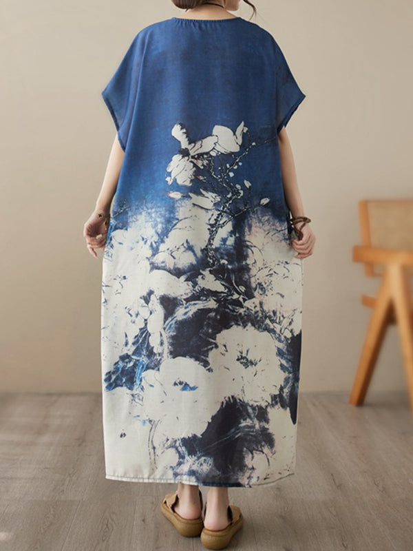 Printed Loose Short Sleeves Round-neck Maxi Dresses