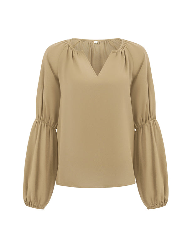 Solid Color Loose V-Neck Blouses&Shirts Tops