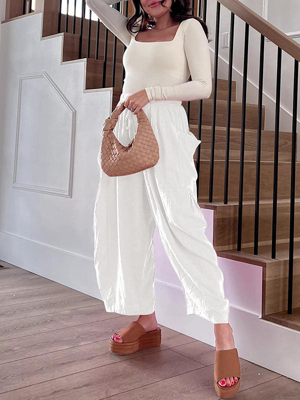 Drawstring Elasticity Pleated Pockets Solid Color High Waisted Loose Trousers Ninth Pants