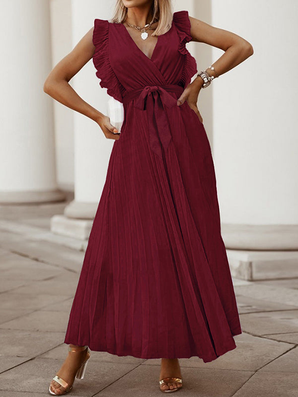 Floral Pleated Solid Color Split-Joint Tied Waist Loose Sleeveless V-Neck Maxi Dresses