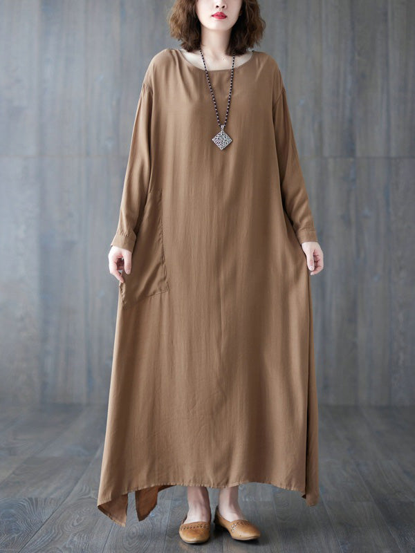 Casual Long Sleeves Loose Solid Color Round-Neck Maxi Dresses