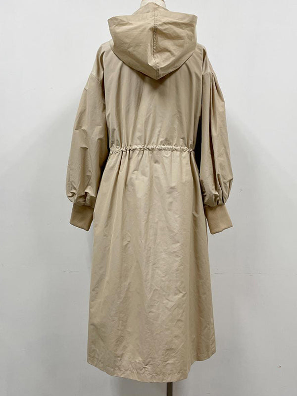 Loose Long Sleeves Drawstring Solid Color Zipper Hooded Trench Coats Outerwear