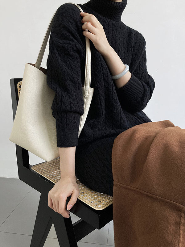 Stylish Loose Long Sleeves Solid Color High-Neck Twist Sweater Dresses