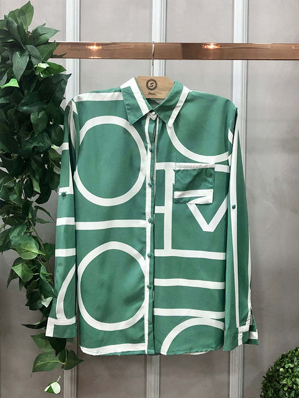 Contrast Color Printed Long Sleeves Loose Lapel Blouses