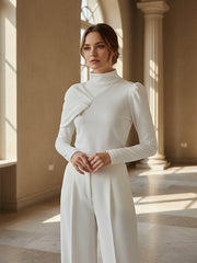 Asymmetric Pleated Solid Color Irregularity Long Sleeves High Neck Sweatshirt Tops