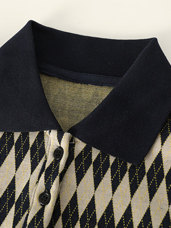 Original Plaid Knitting Lapel Collar Short Sleeves Mini Dress