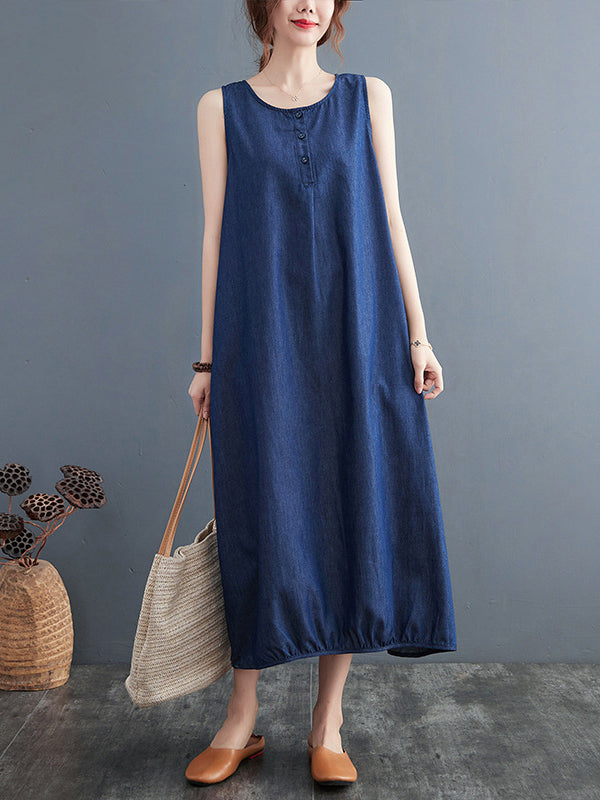 Buttoned Pleated Solid Color A-line Loose Round-neck Midi Dresses