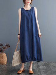 Buttoned Pleated Solid Color A-line Loose Round-neck Midi Dresses