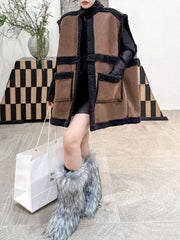 Buttoned Contrast Color Pockets Reversible Velvet Loose Sleeveless Stand Collar Vest Outerwear