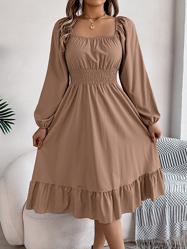 Pleated Ruffled Solid Color A-Line Elasticated Waist Square-Neck Midi Dresses