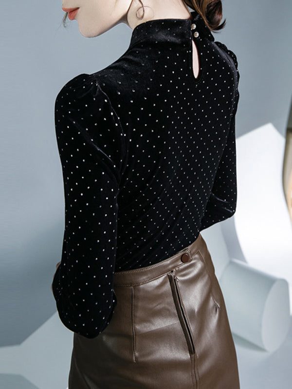 Buttoned Polka Dot Split-Joint Long Sleeves Skinny Lapel T-Shirts Tops