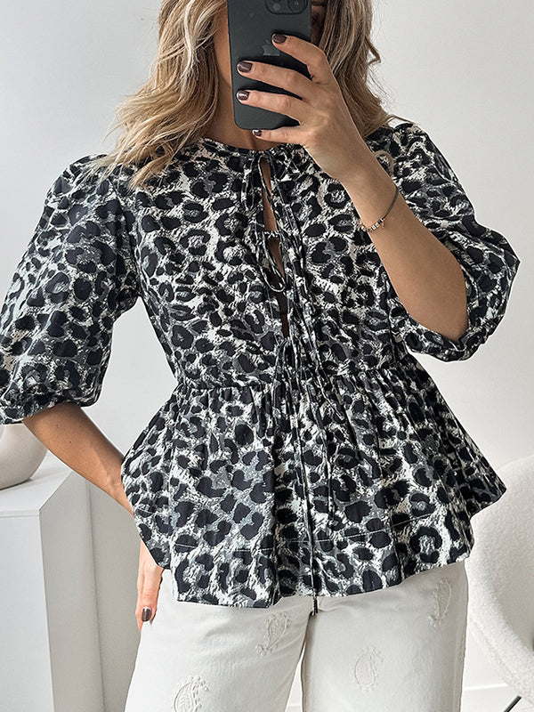 Elasticity Leopard Pleated Split-Joint Tied Half Sleeves Loose Round-Neck Blouses&Shirts Tops