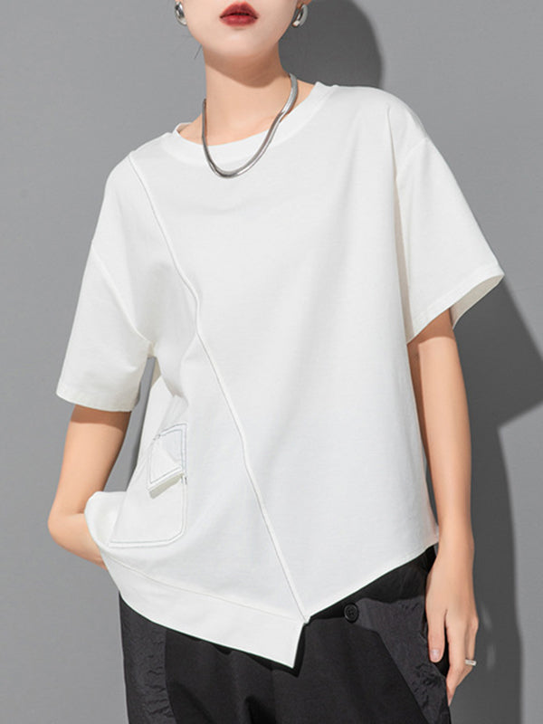 Asymmetric Solid Color Split-Joint Loose Short Sleeves Round-Neck T-Shirts Tops