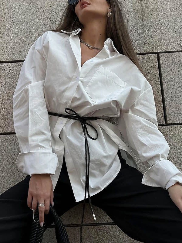 Buttoned Pockets Solid Color Long Sleeves Loose Lapel Blouses&Shirts Tops