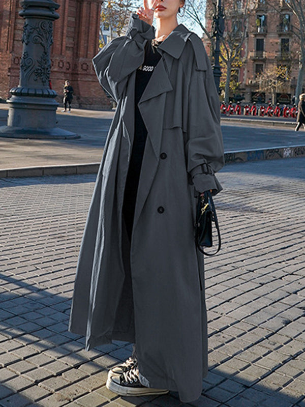 Long Sleeves Loose Buckle Buttoned Split-Back Tied Waist Lapel Outerwear Trench Coats