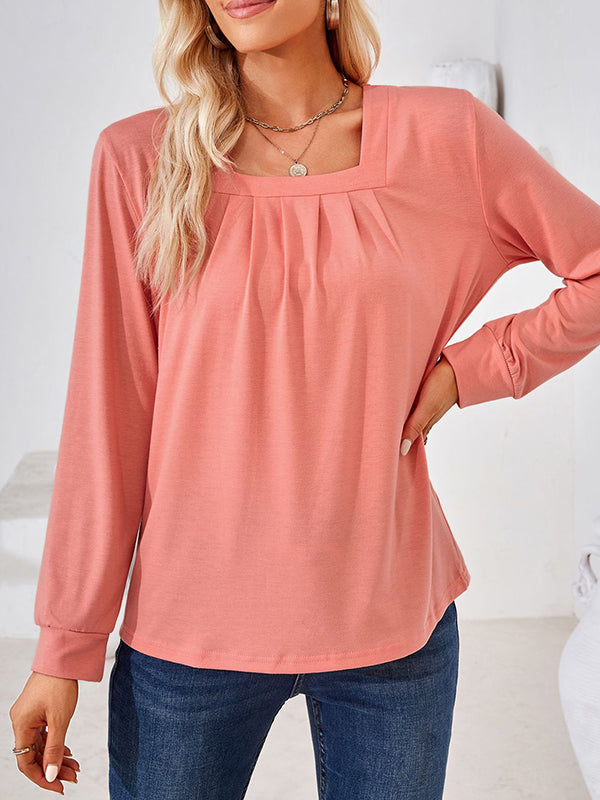 Pleated Solid Color Long Sleeves Loose Square-Neck T-Shirts Tops