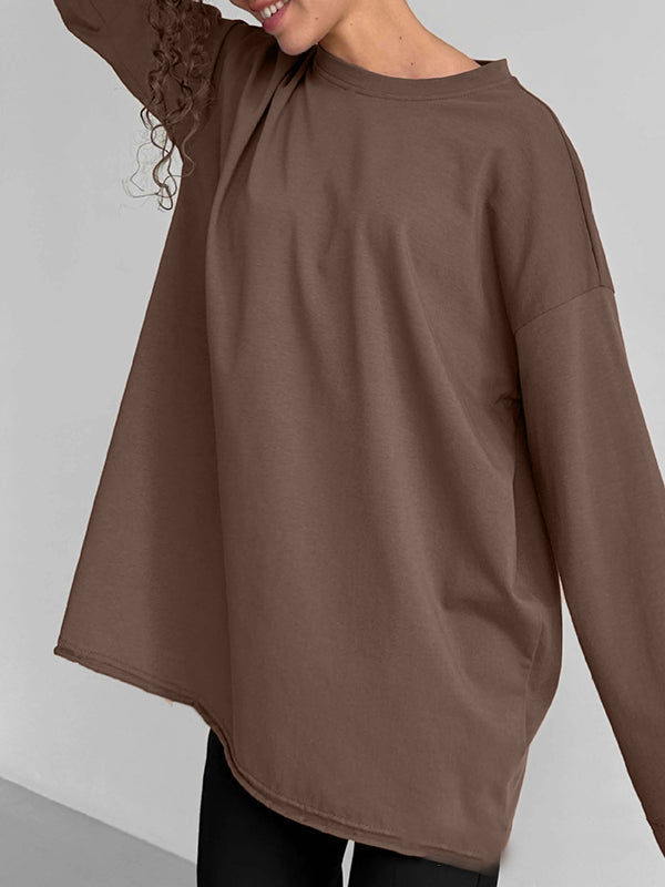 Solid Color Long Sleeves Loose Round-Neck T-Shirts Tops