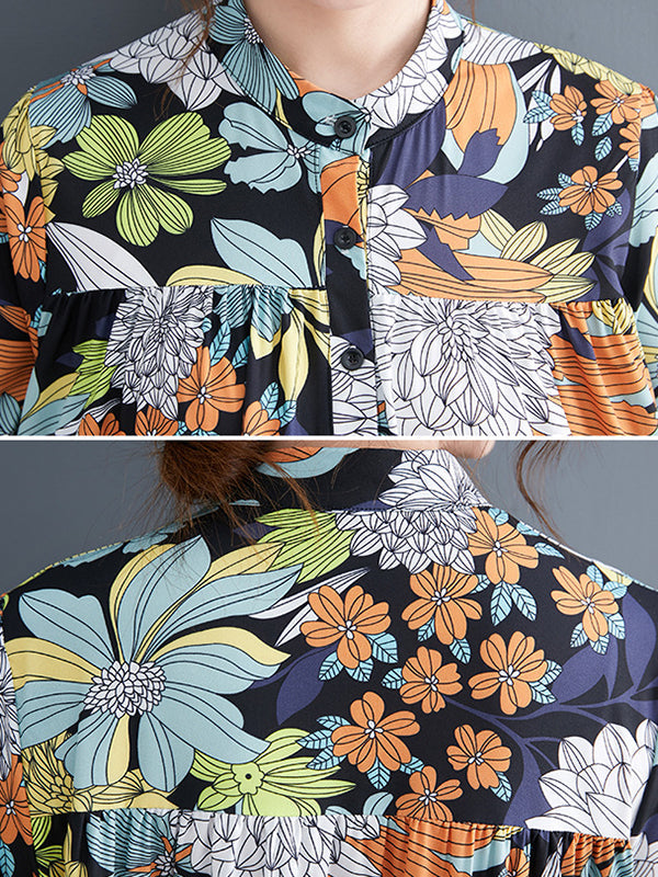 Long Sleeves Loose Floral Printed Round-Neck Midi Dresses