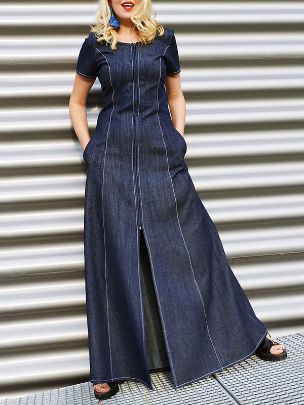 Pockets Split-front Split-Joint Zipper A-line Loose Round-neck Maxi Dresses