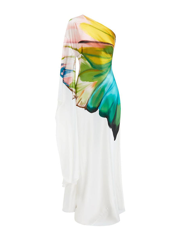 Asymmetric Flower Print Long Sleeves Loose One-Shoulder Maxi Dresses