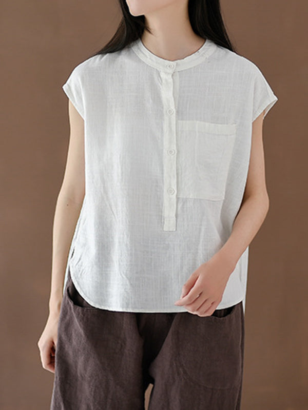 Solid Color Cap Sleeve High-Low Stand Collar Blouses&Shirts Tops
