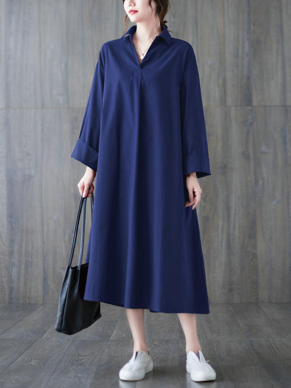Buttoned Solid Color A-Line Long Sleeves Lapel Shirt Dress Midi Dresses