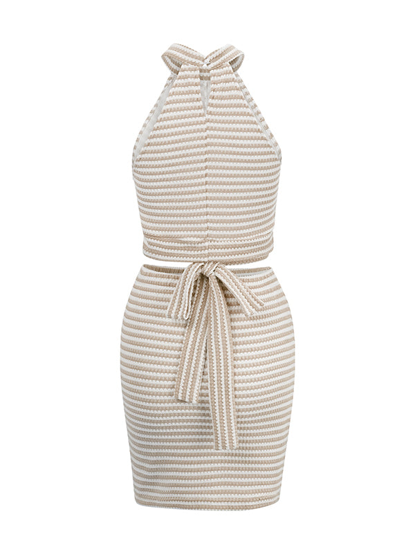 Tied Waist Halter-Neck Bodycon Sleeveless Split-Joint Striped Vest Top + Skirts Bottom Two Pieces Set