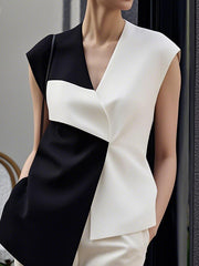 Loose Sleeveless Asymmetric Contrast Color V-Neck Vest Top
