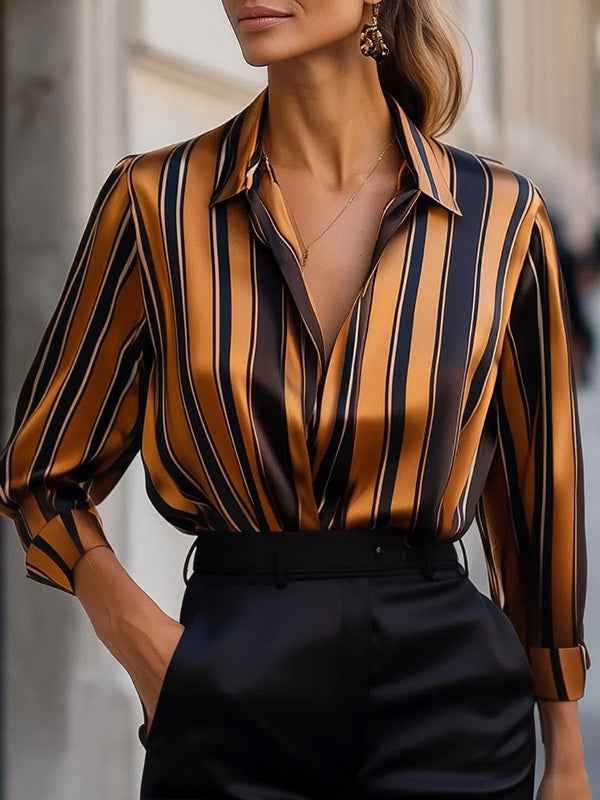 Long Sleeves Loose Contrast Color Striped Lapel Blouses&Shirts Tops